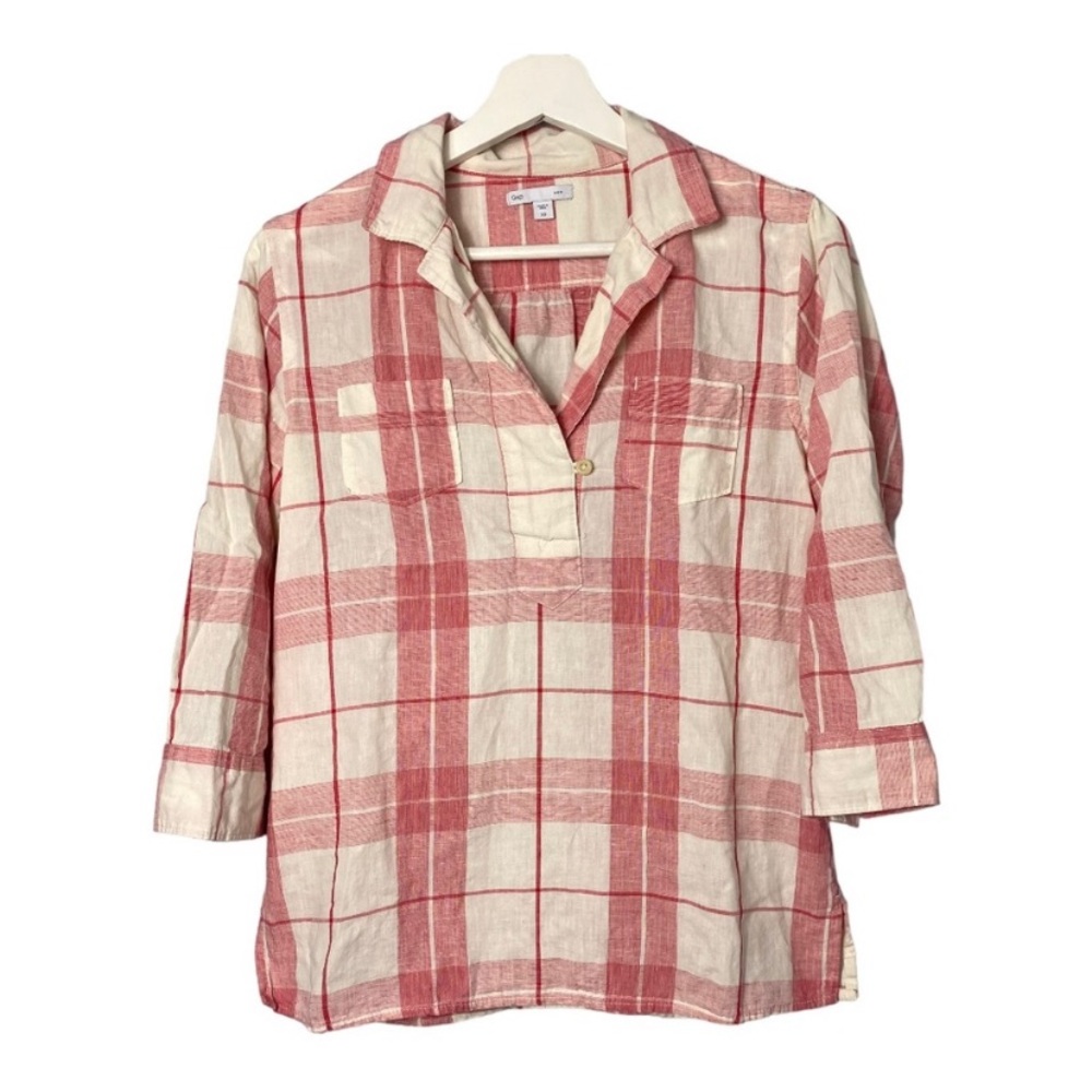 Gap Plaid Linen/Cotton 3/4 Sleeve Fold V-neck Light Casual Travel Blouse Top XS